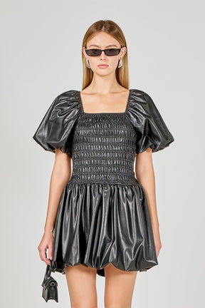 ENDLESS ROSE - Pu Smocked Balloon Detail Mini Dress - DRESSES available at Objectrare