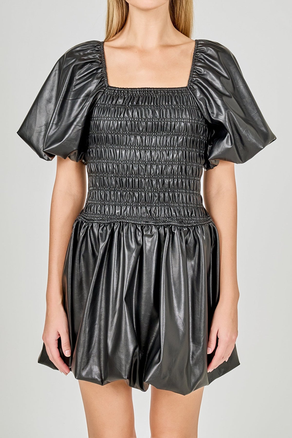 ENDLESS ROSE - Pu Smocked Balloon Detail Mini Dress - DRESSES available at Objectrare