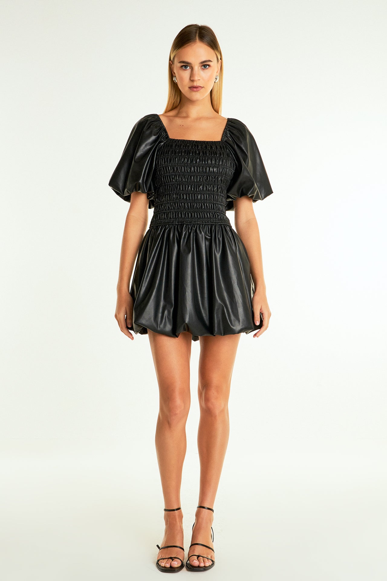 ENDLESS ROSE - Endless Rose - Pu Smocked Balloon Detail Mini Dress - DRESSES available at Objectrare