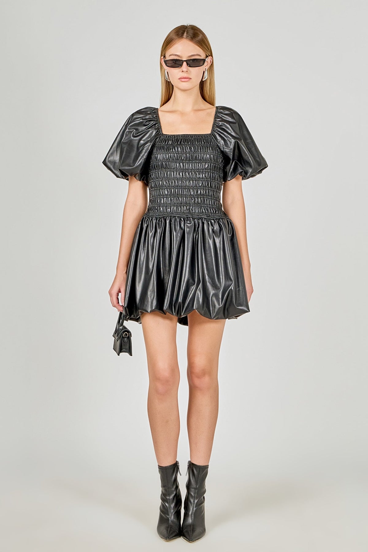 ENDLESS ROSE - Pu Smocked Balloon Detail Mini Dress - DRESSES available at Objectrare