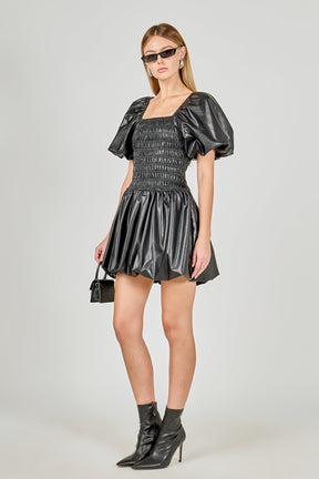ENDLESS ROSE - Pu Smocked Balloon Detail Mini Dress - DRESSES available at Objectrare