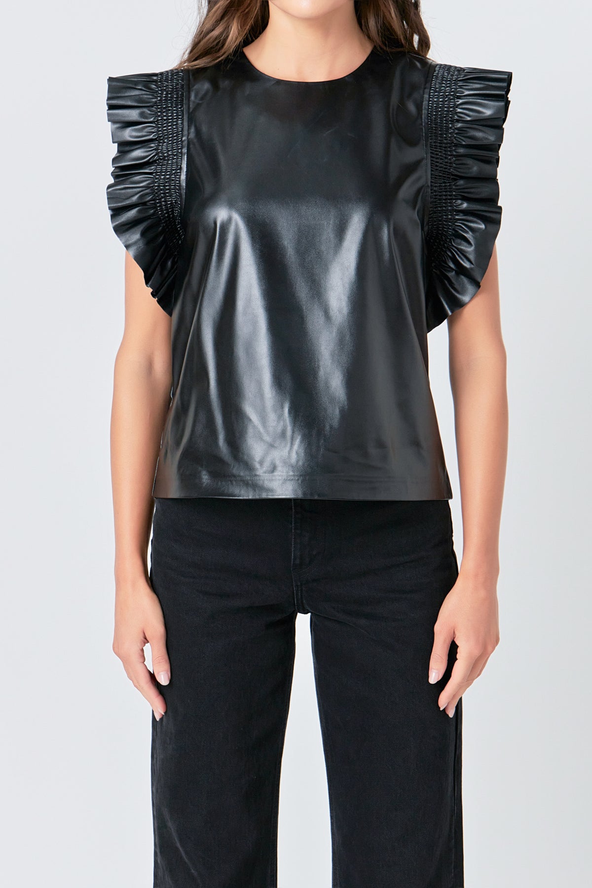 ENGLISH FACTORY - PU Leather Ruffle Detail Top - TOPS available at Objectrare