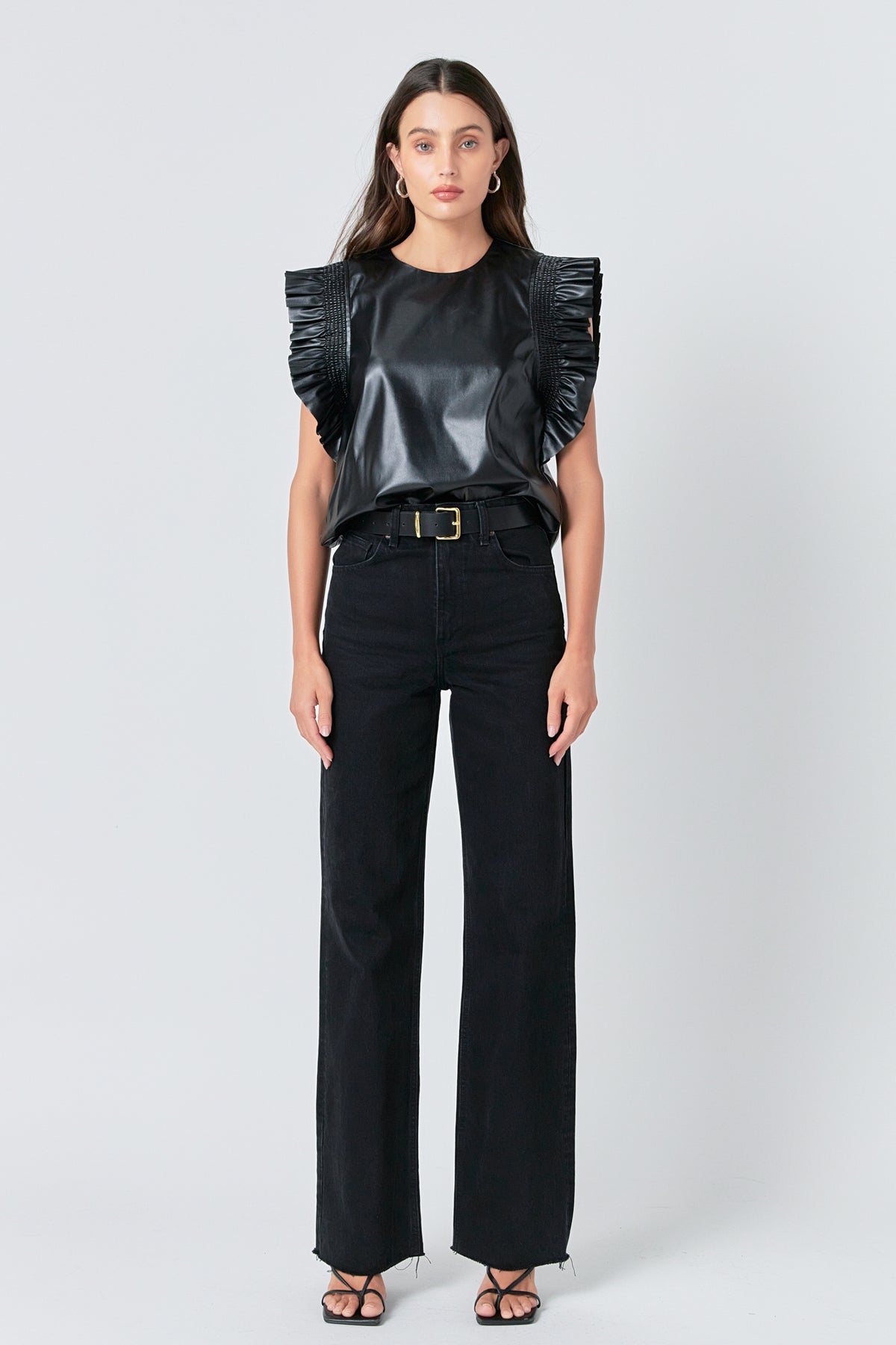 ENGLISH FACTORY - PU Leather Ruffle Detail Top - TOPS available at Objectrare