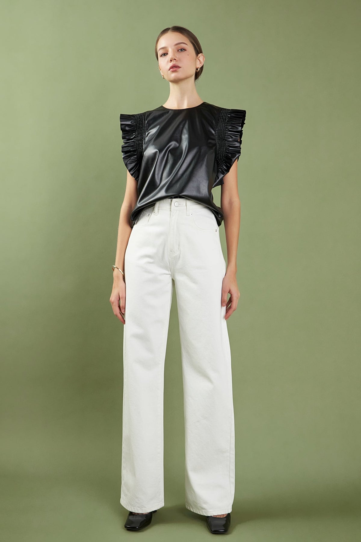 ENGLISH FACTORY - PU Ruffle Detail Top - TOPS available at Objectrare