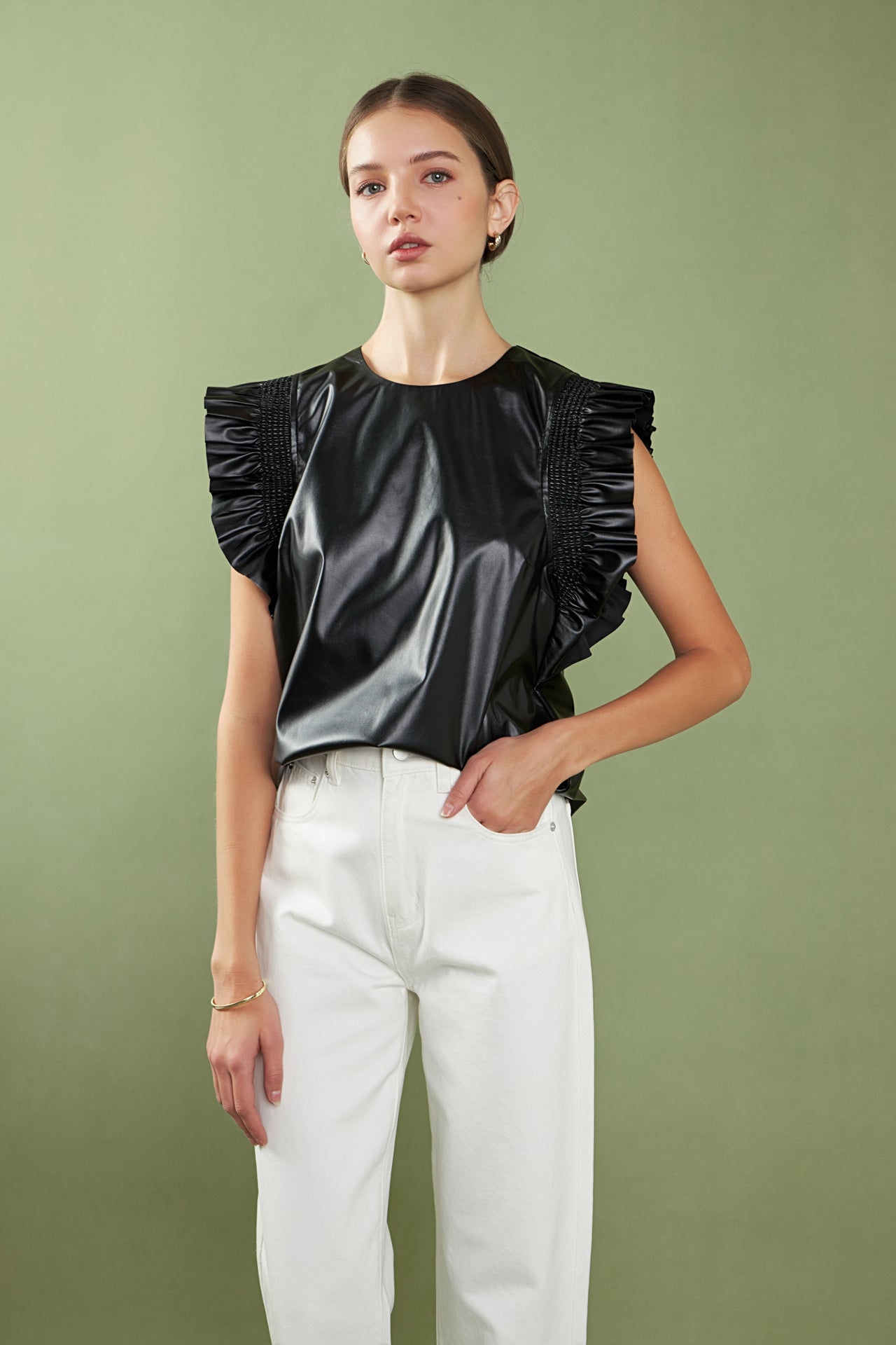 ENGLISH FACTORY - PU Ruffle Detail Top - TOPS available at Objectrare