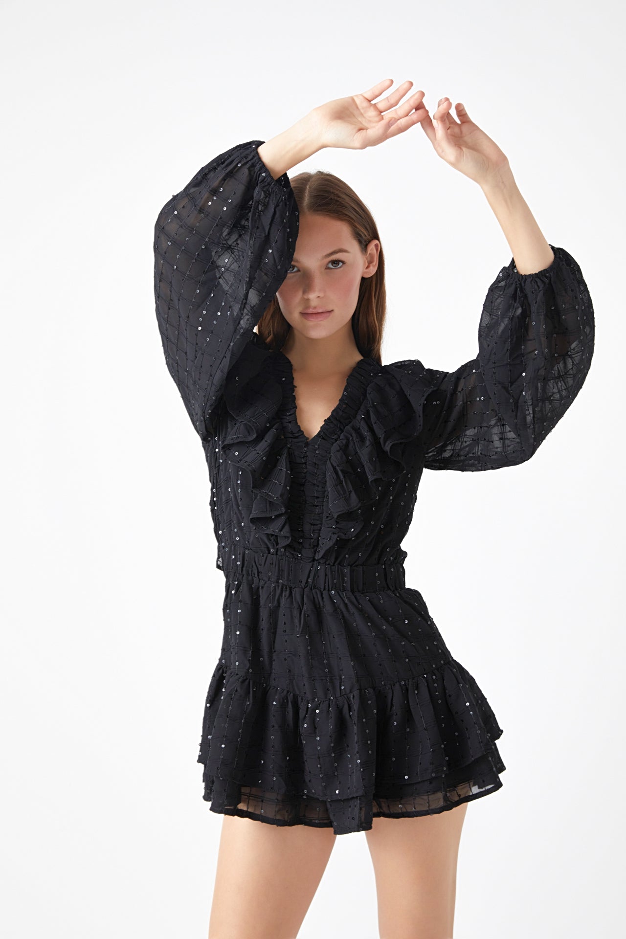 ENDLESS ROSE - Sequin Ruffled Romper - ROMPERS available at Objectrare