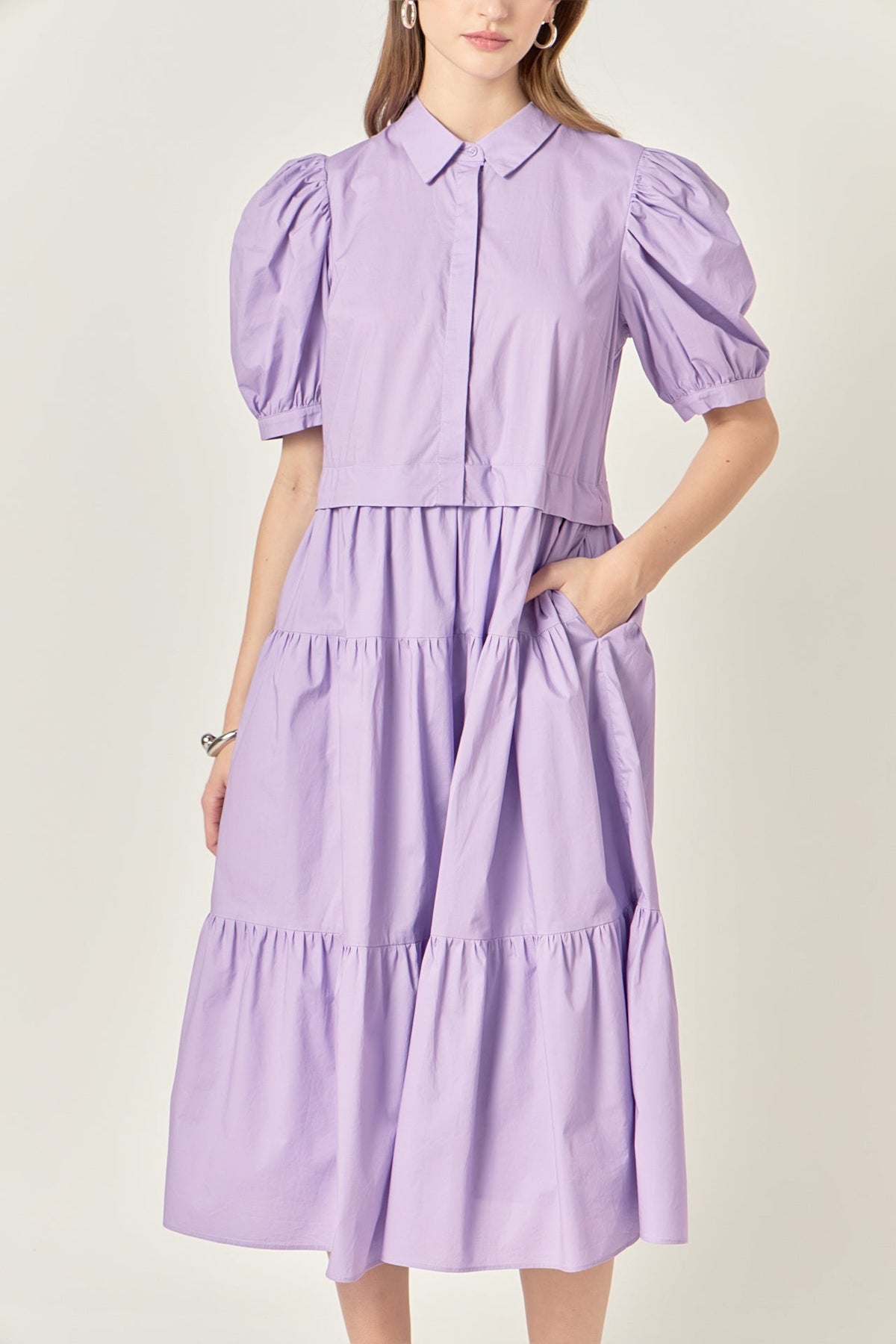ENGLISH FACTORY - Button Closure Puff Sleeve Midi Dress - DRESSES available at Objectrare