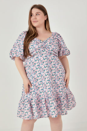 ENGLISH FACTORY - Plus Size Floral Puff Sleeve Mini Dress - DRESSES available at Objectrare