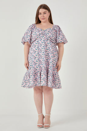 ENGLISH FACTORY - Plus Size Floral Puff Sleeve Mini Dress - DRESSES available at Objectrare