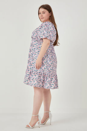 ENGLISH FACTORY - Plus Size Floral Puff Sleeve Mini Dress - DRESSES available at Objectrare