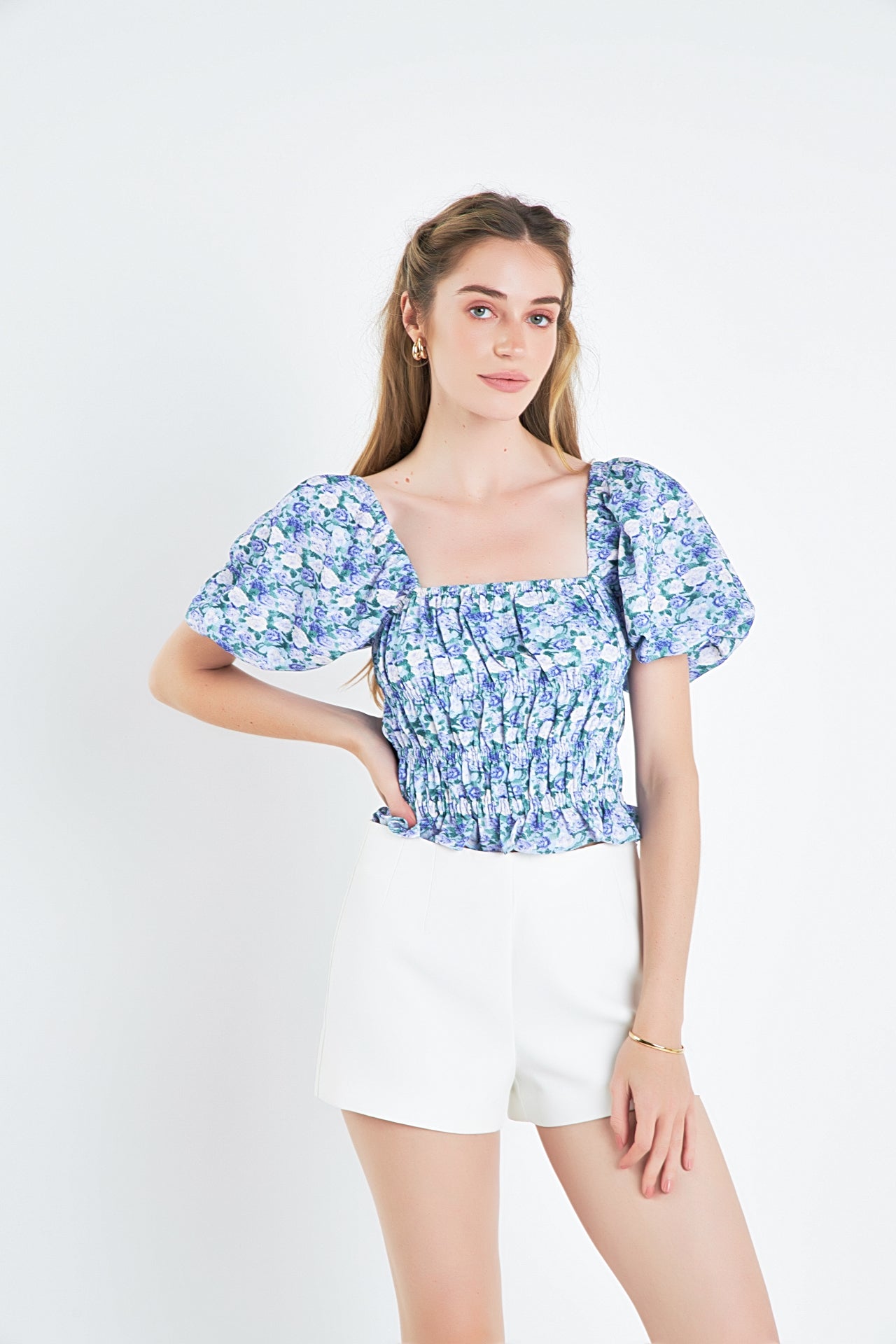 Floral Puff Sleeve Smocked Top