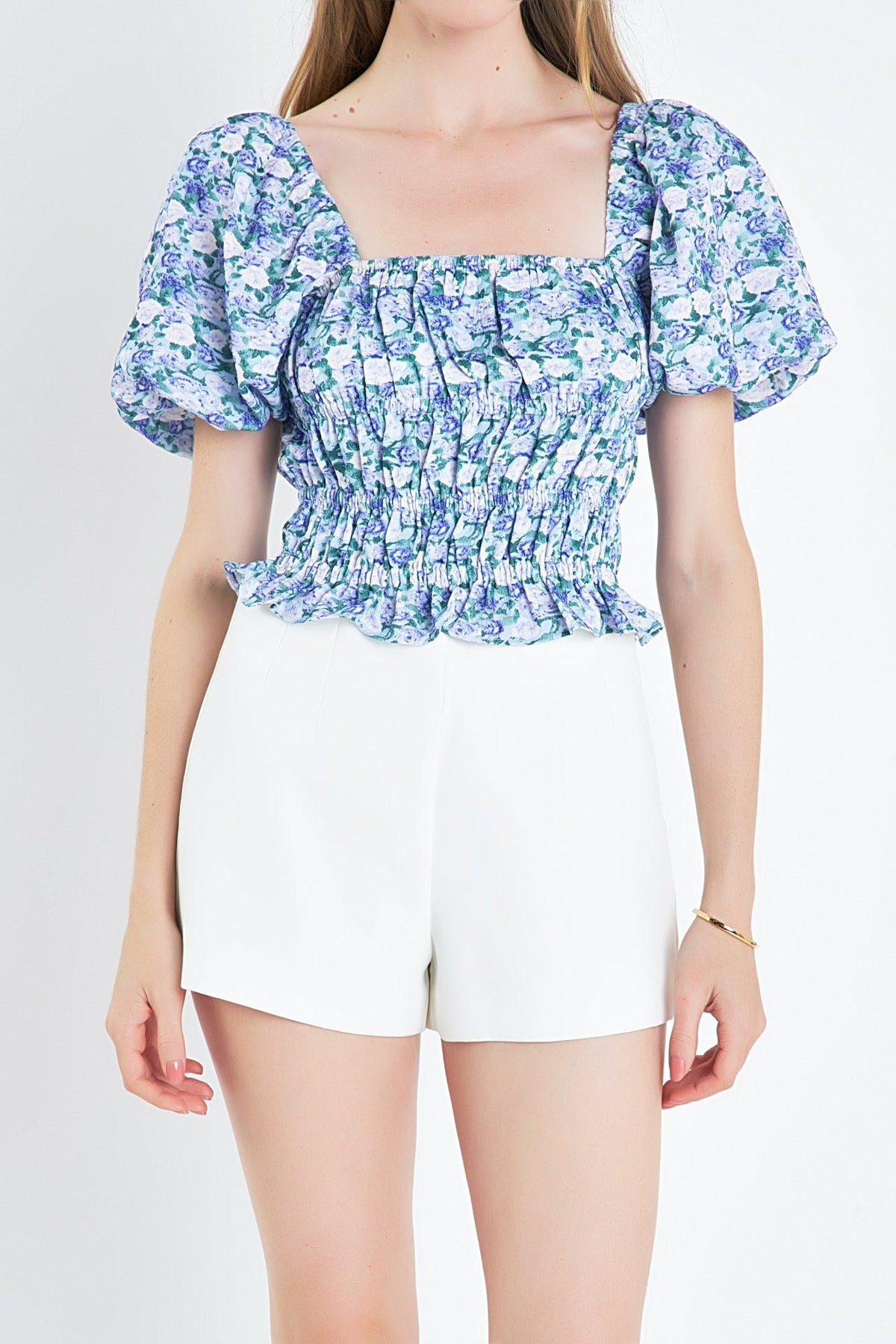 Floral Puff Sleeve Smocked Top