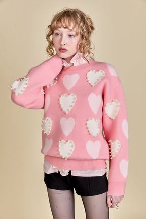 ENGLISH FACTORY - English Factory- Pearl with Heart Pattern Sweater - SWEATERS & KNITS available at Objectrare