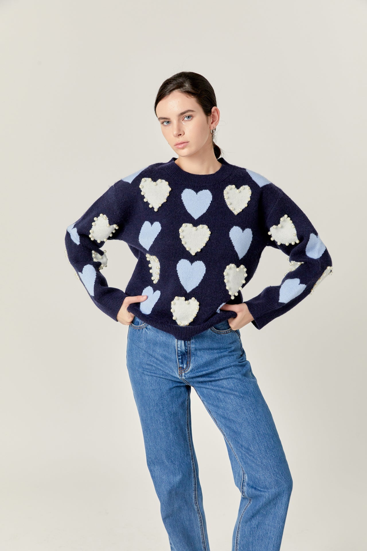 ENGLISH FACTORY - English Factory- Pearl with Heart Pattern Sweater - SWEATERS & KNITS available at Objectrare