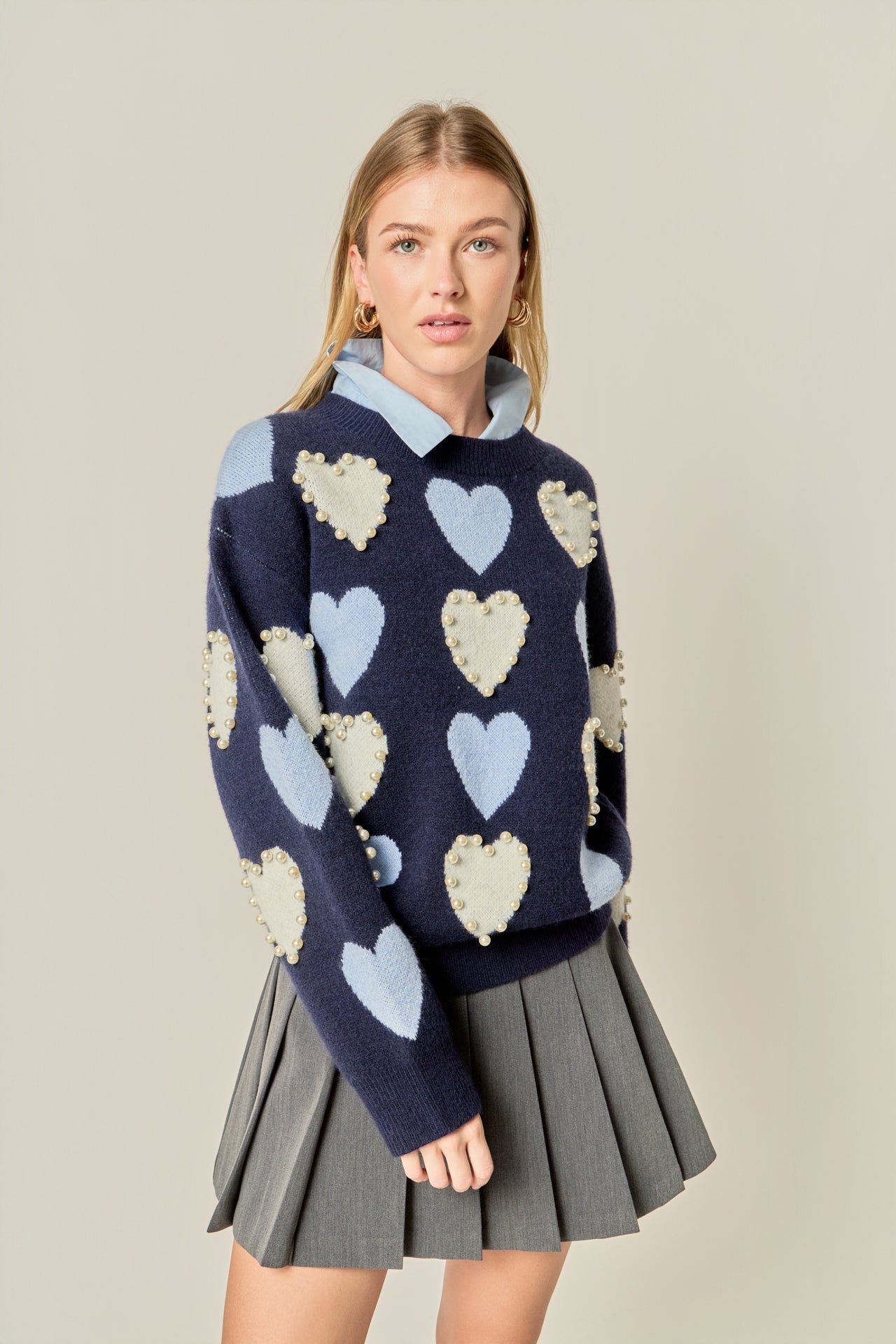 ENGLISH FACTORY - Pearl with Heart Pattern Sweater - SWEATERS & KNITS available at Objectrare