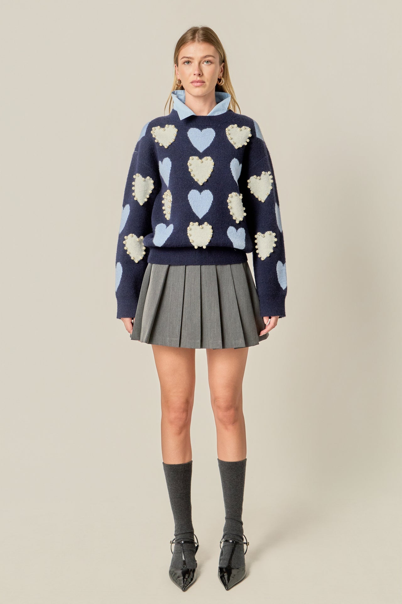 ENGLISH FACTORY - Pearl with Heart Pattern Sweater - SWEATERS & KNITS available at Objectrare