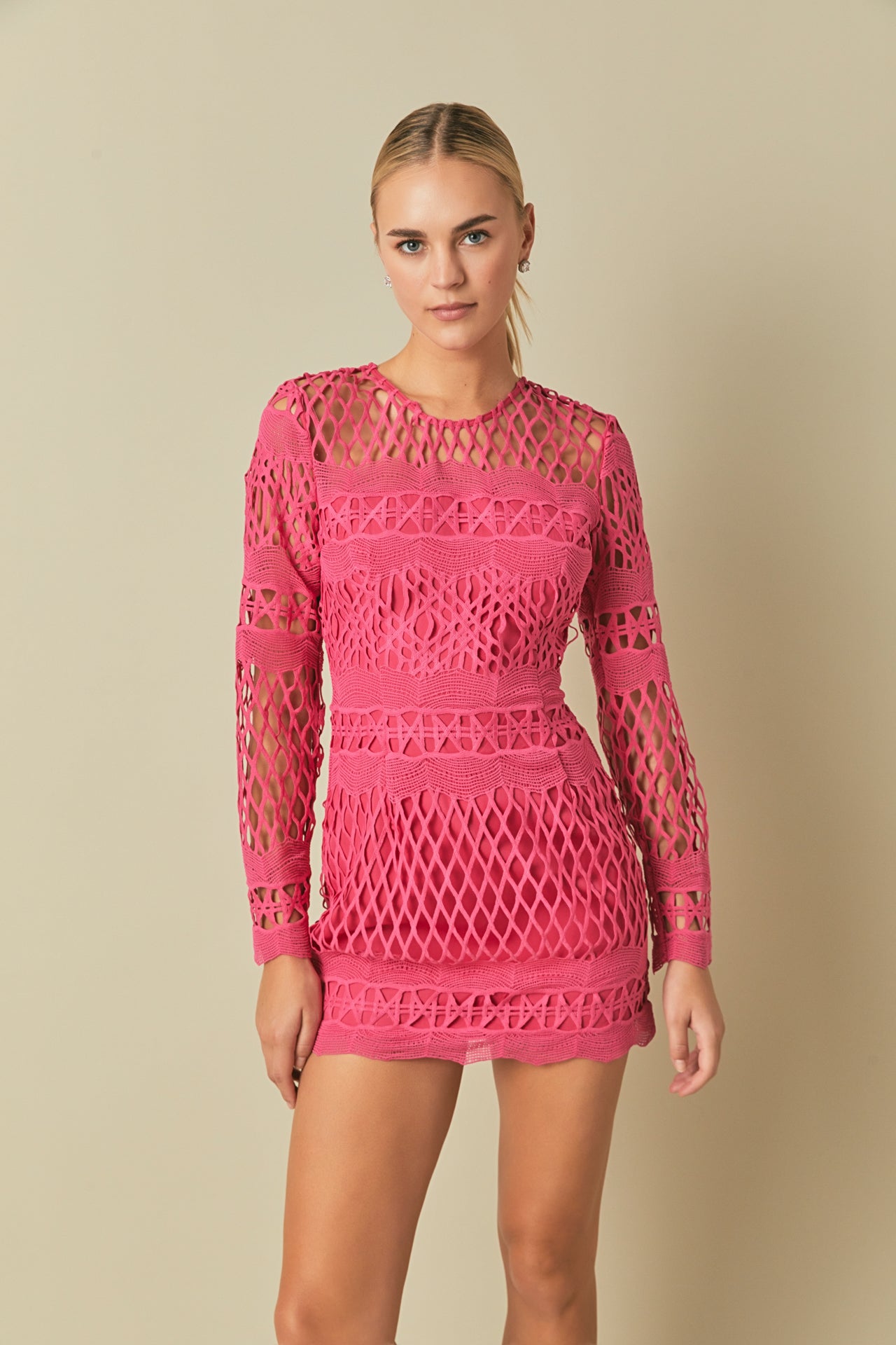 ENDLESS ROSE - Long Sleeve Crochet Mini Dress - DRESSES available at Objectrare