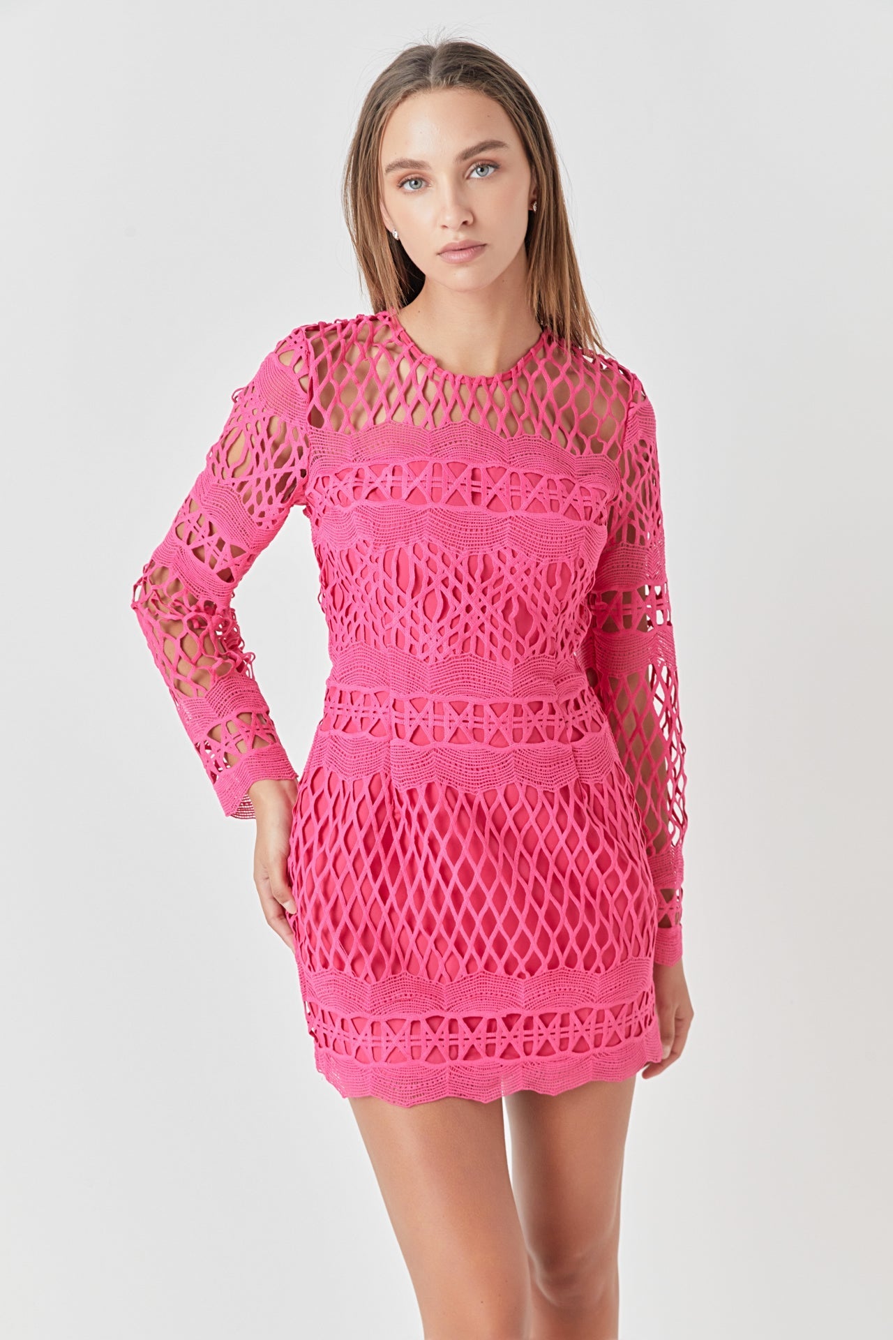 ENDLESS ROSE - Long Sleeve Crochet Mini Dress - DRESSES available at Objectrare
