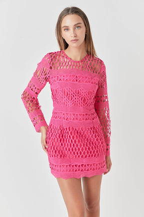 ENDLESS ROSE - Long Sleeve Crochet Mini Dress - DRESSES available at Objectrare