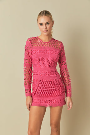 ENDLESS ROSE - Endless Rose - Long Sleeve Crochet Mini Dress - DRESSES available at Objectrare