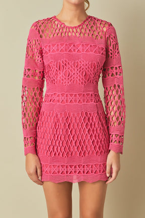 ENDLESS ROSE - Long Sleeve Crochet Mini Dress - DRESSES available at Objectrare