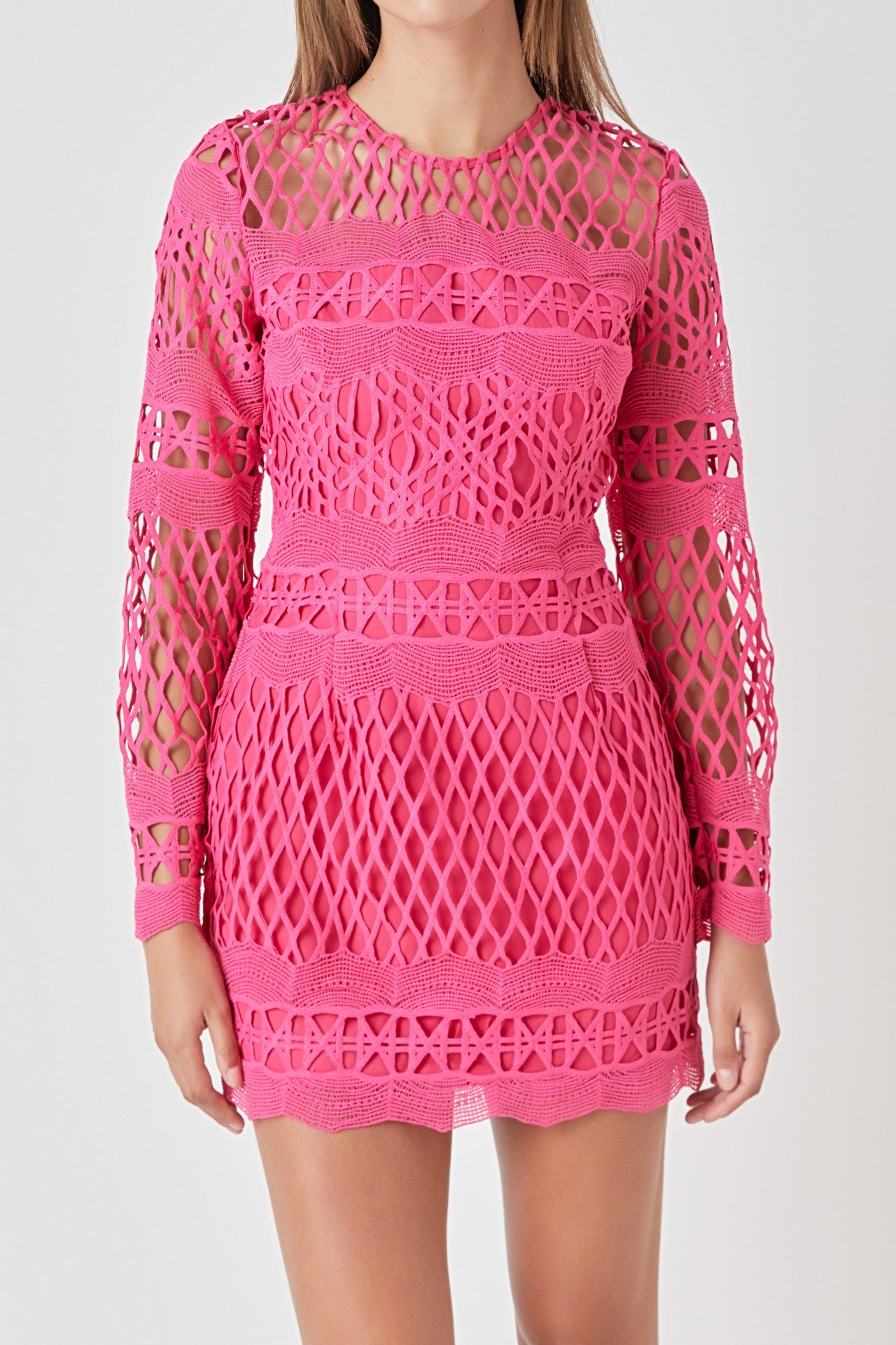 ENDLESS ROSE - Long Sleeve Crochet Mini Dress - DRESSES available at Objectrare