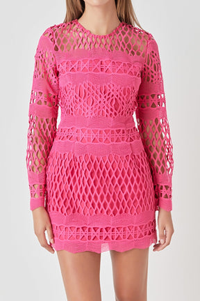 ENDLESS ROSE - Long Sleeve Crochet Mini Dress - DRESSES available at Objectrare