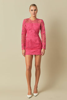 ENDLESS ROSE - Long Sleeve Crochet Mini Dress - DRESSES available at Objectrare