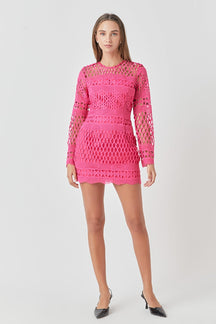 ENDLESS ROSE - Long Sleeve Crochet Mini Dress - DRESSES available at Objectrare