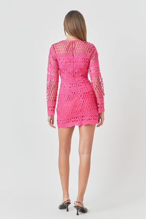 ENDLESS ROSE - Long Sleeve Crochet Mini Dress - DRESSES available at Objectrare