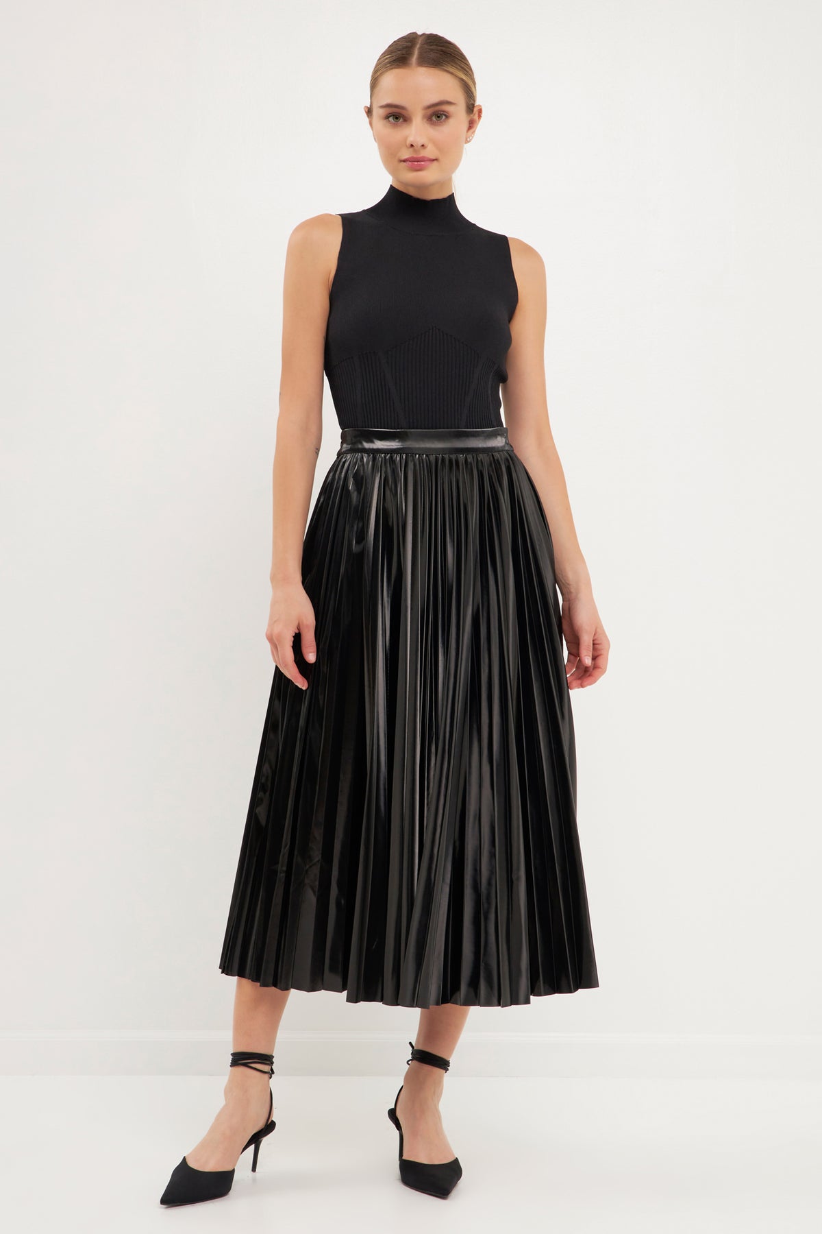 ENDLESS ROSE - Faux Leather Pleated Midi Skirt - SKIRTS available at Objectrare
