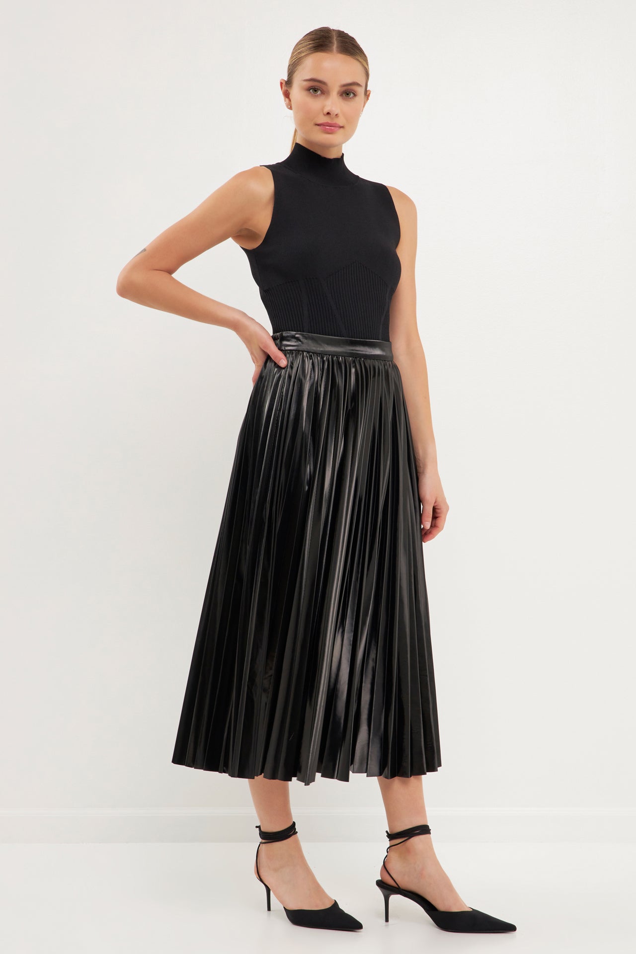 ENDLESS ROSE - Faux Leather Pleated Midi Skirt - SKIRTS available at Objectrare