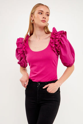 ENDLESS ROSE - Endless Rose - Mixed Media Ruffle Detail Fitted Top - TOPS available at Objectrare