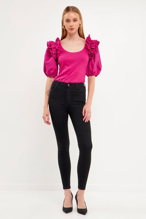 ENDLESS ROSE - Endless Rose - Mixed Media Ruffle Detail Fitted Top - TOPS available at Objectrare