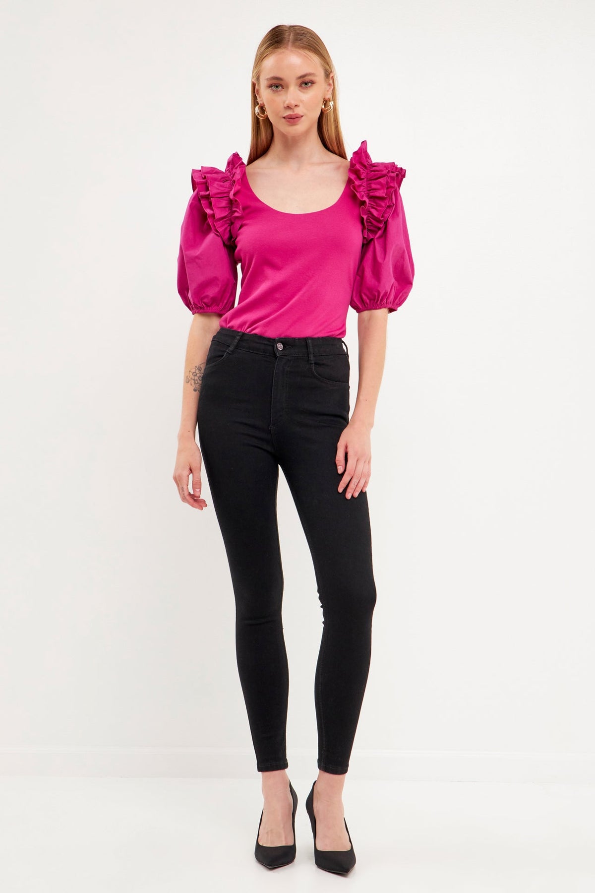 ENDLESS ROSE - Endless Rose - Mixed Media Ruffle Detail Fitted Top - TOPS available at Objectrare