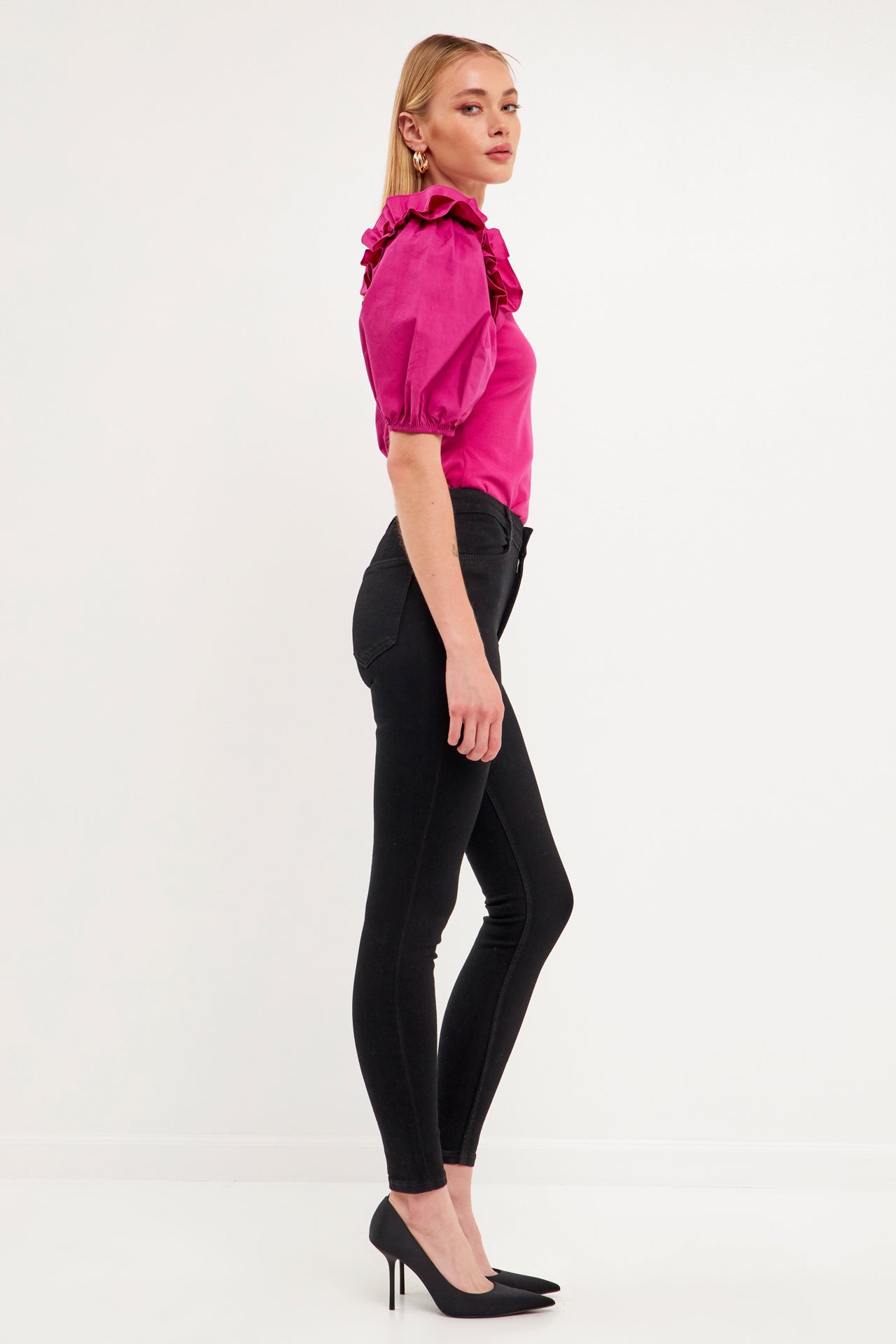 ENDLESS ROSE - Endless Rose - Mixed Media Ruffle Detail Fitted Top - TOPS available at Objectrare