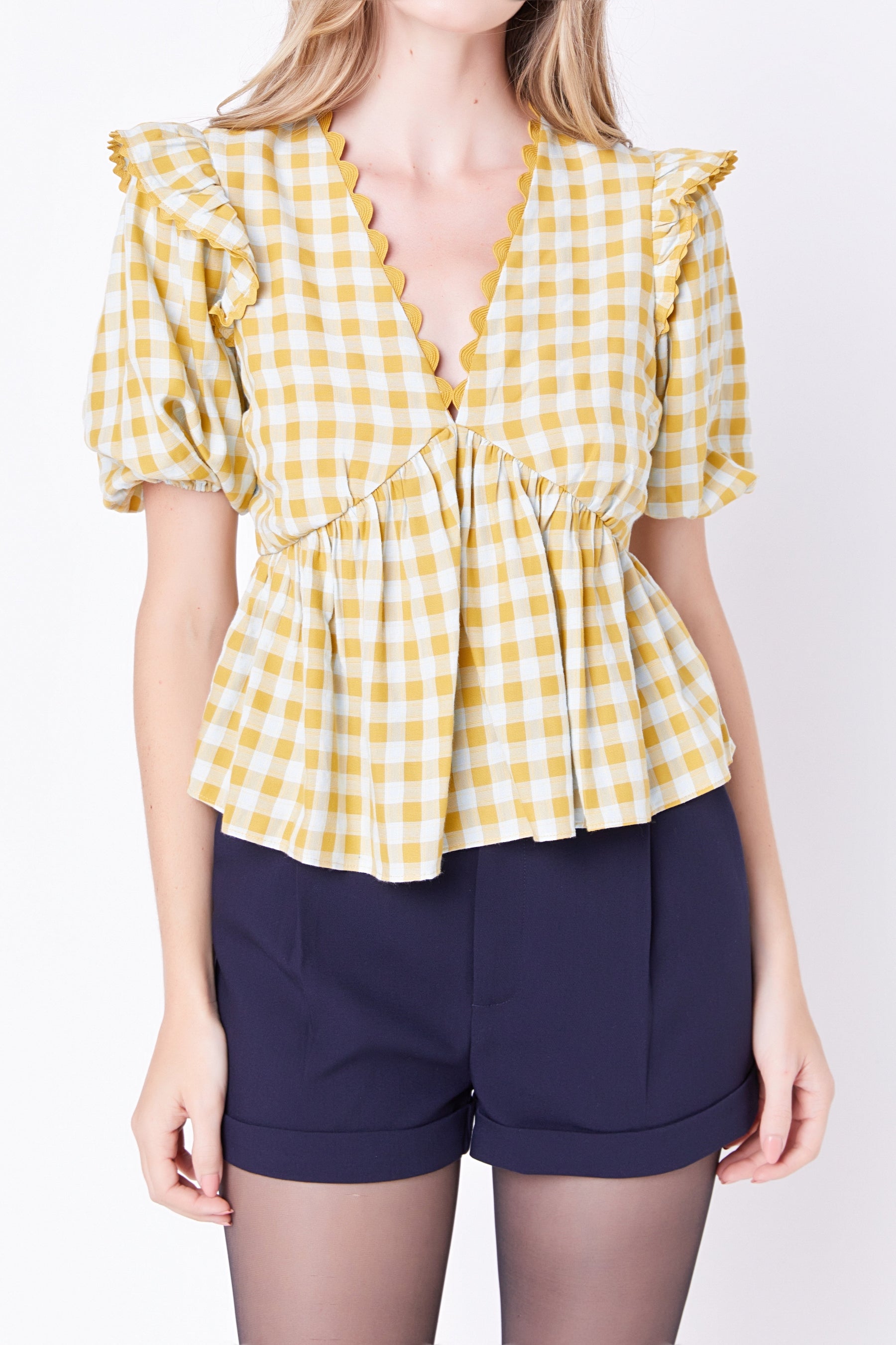 ENGLISH FACTORY - Rickrack Trim Edge Check Top - TOPS available at Objectrare