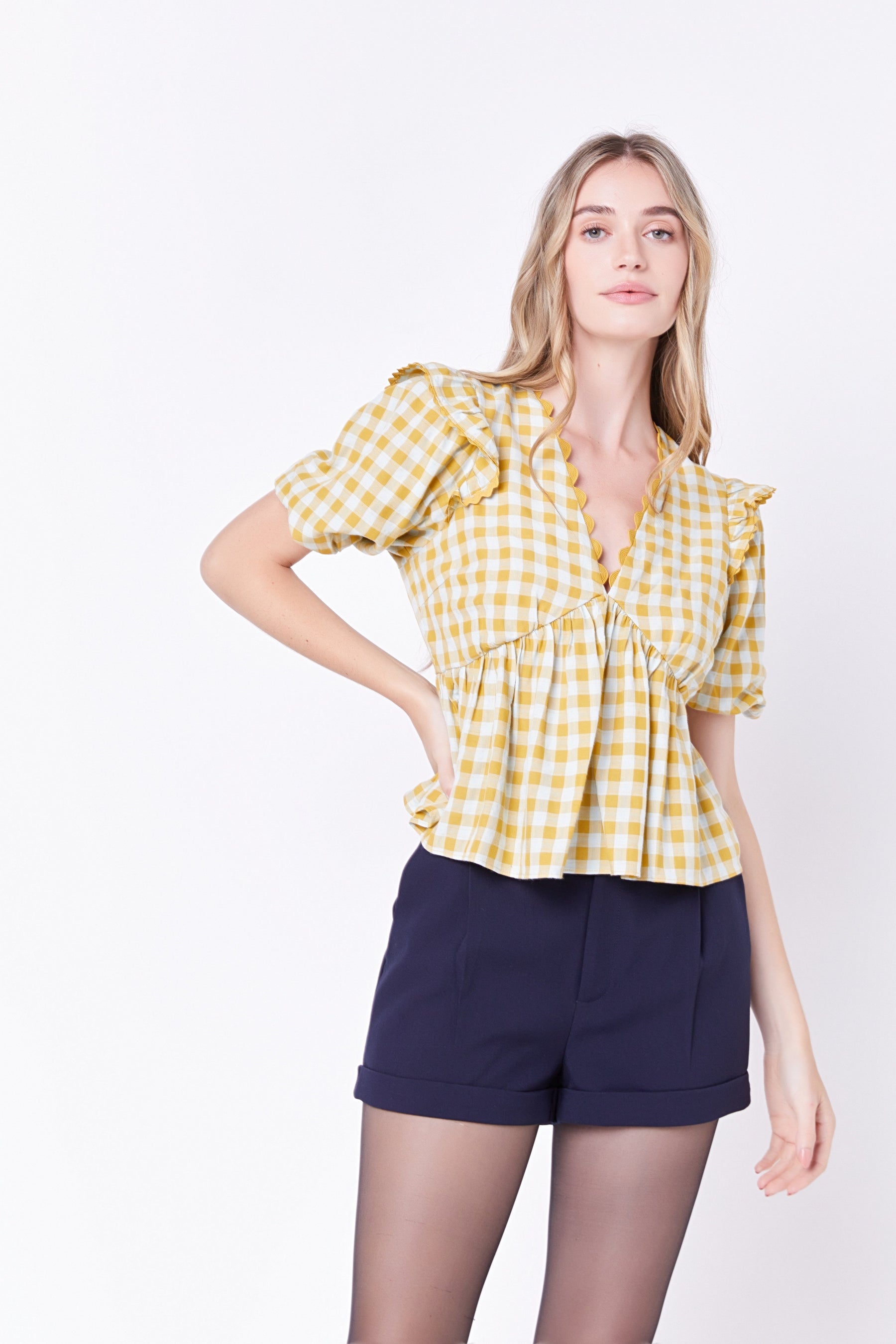 ENGLISH FACTORY - Rickrack Trim Edge Check Top - TOPS available at Objectrare