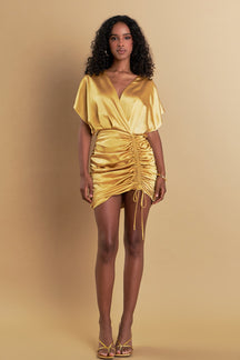 Satin Wrapped & Shirred Mini Dress