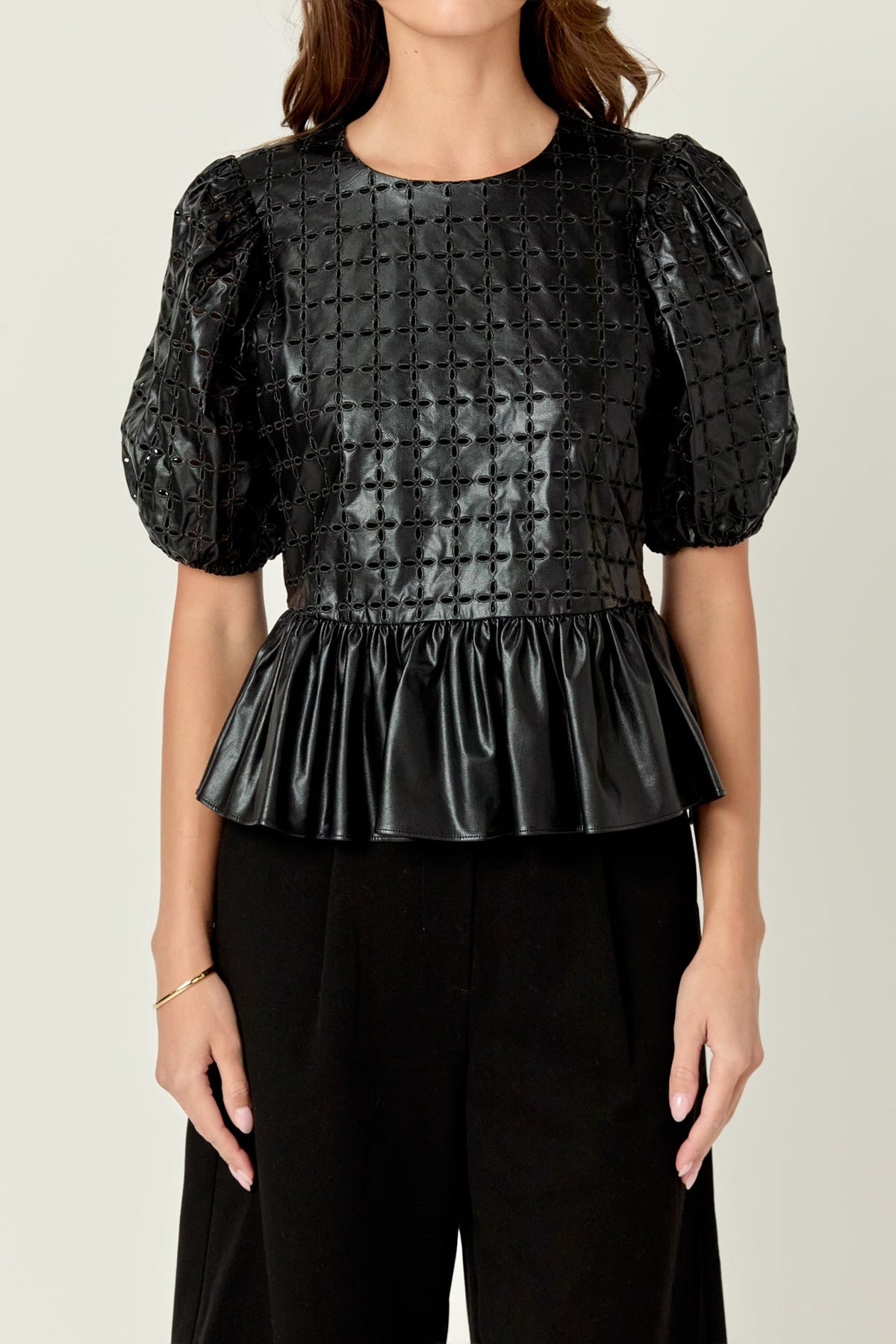ENGLISH FACTORY - Faux Leather Peplum Top - TOPS available at Objectrare