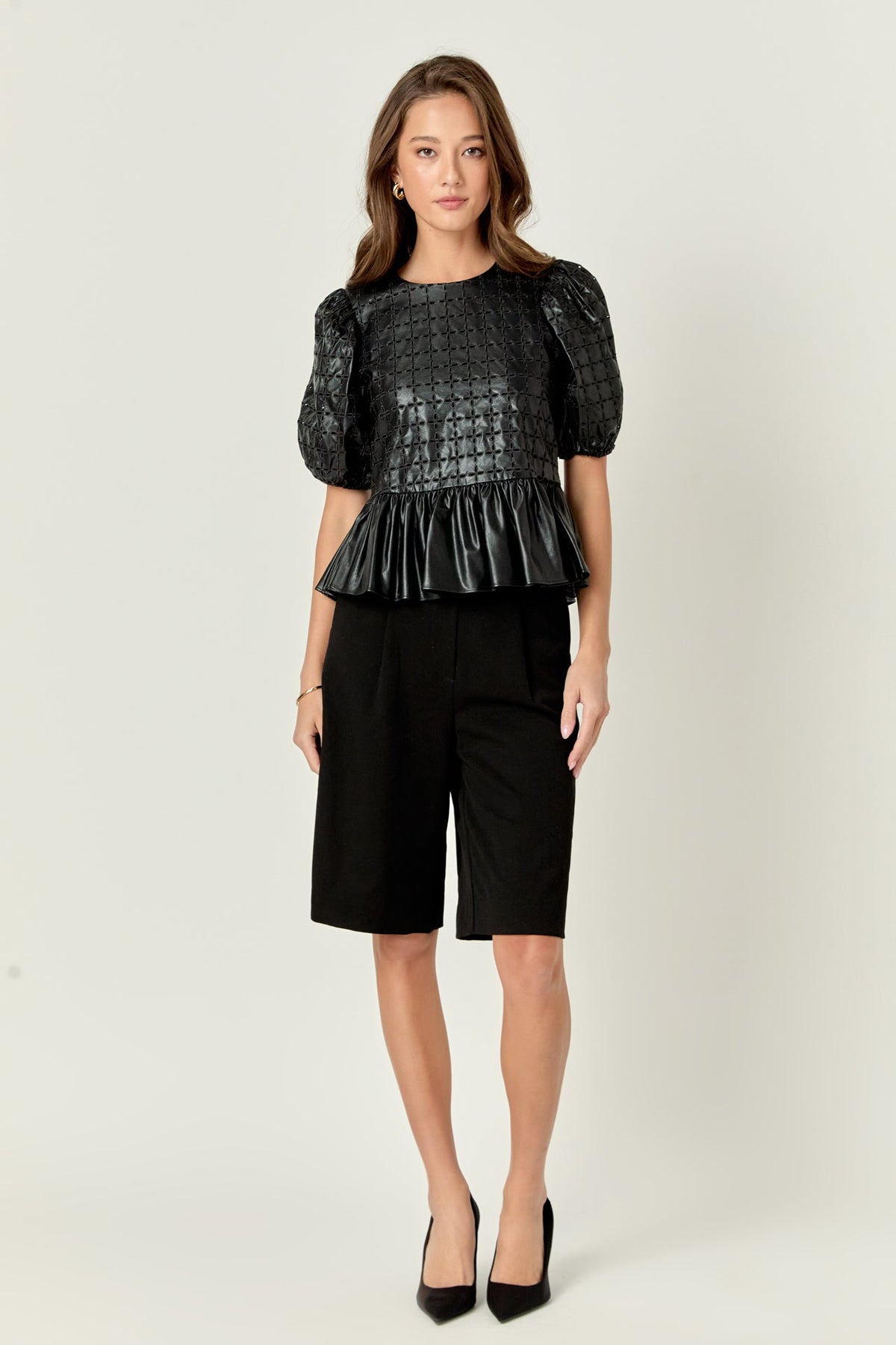 ENGLISH FACTORY - Faux Leather Peplum Top - TOPS available at Objectrare