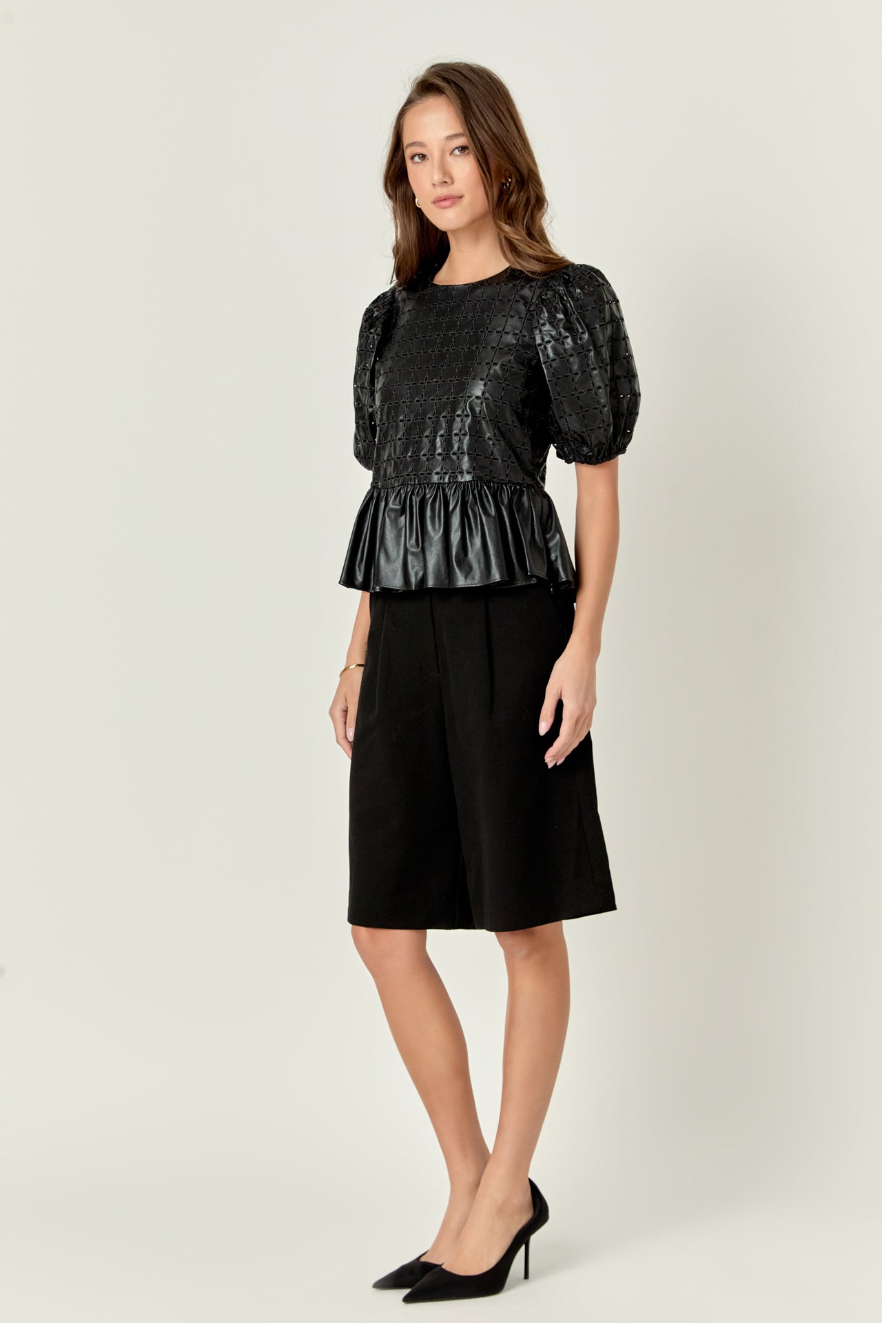 ENGLISH FACTORY - Faux Leather Peplum Top - TOPS available at Objectrare