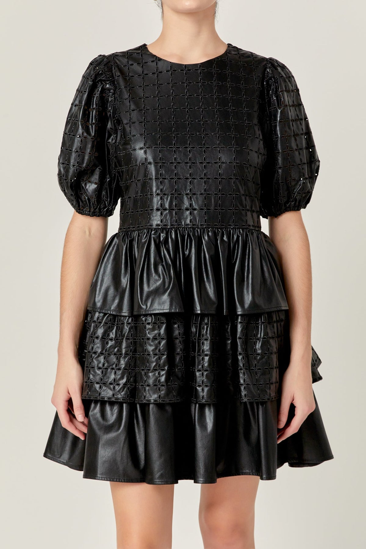 ENGLISH FACTORY - Faux Leather Embroidered Mini Dress - DRESSES available at Objectrare