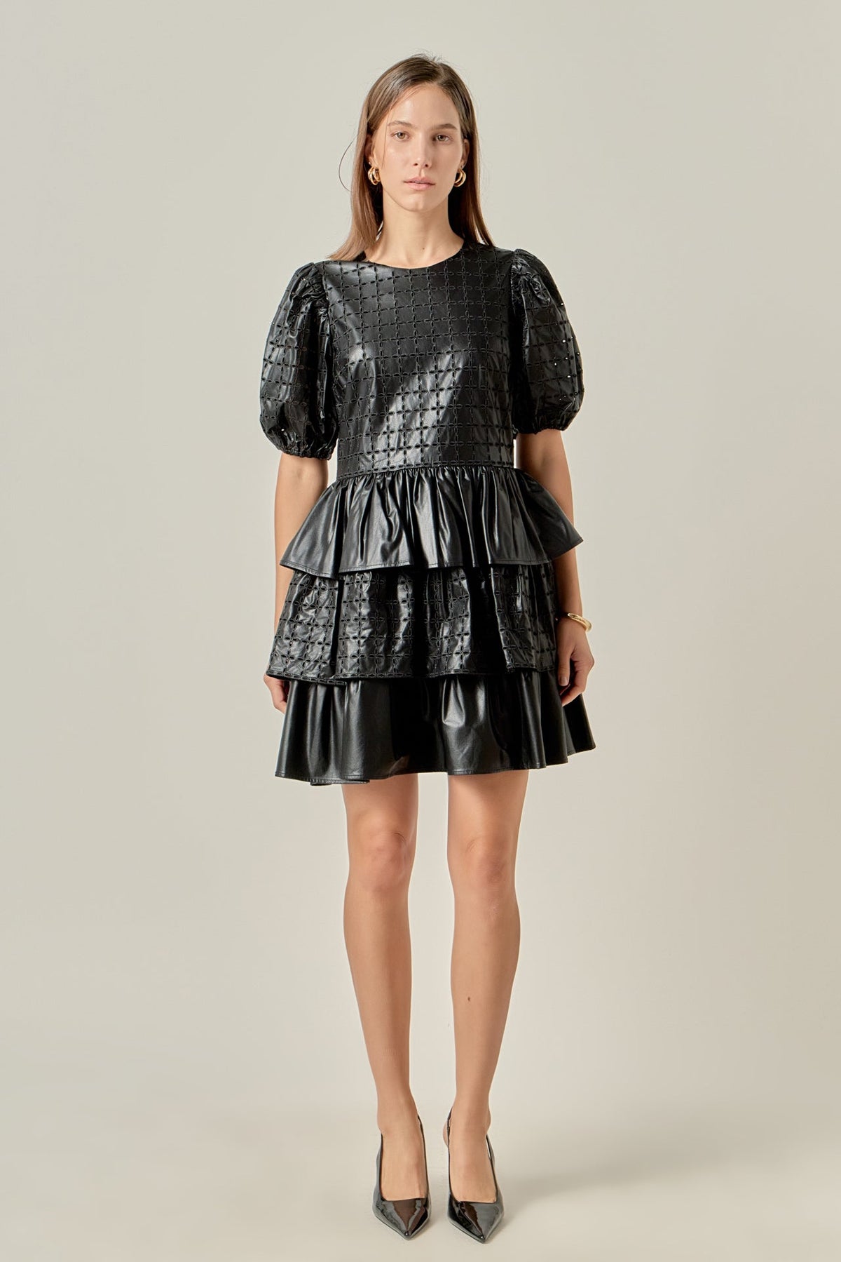 ENGLISH FACTORY - Faux Leather Embroidered Mini Dress - DRESSES available at Objectrare