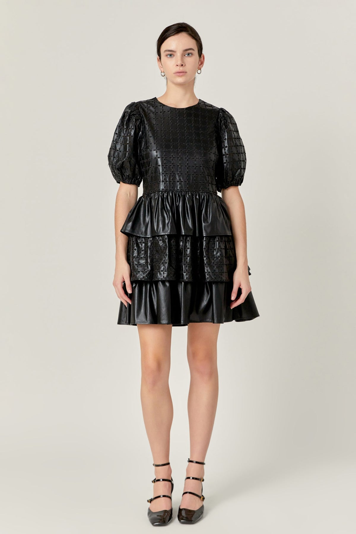 ENGLISH FACTORY - Faux Leather Embroidered Mini Dress - DRESSES available at Objectrare