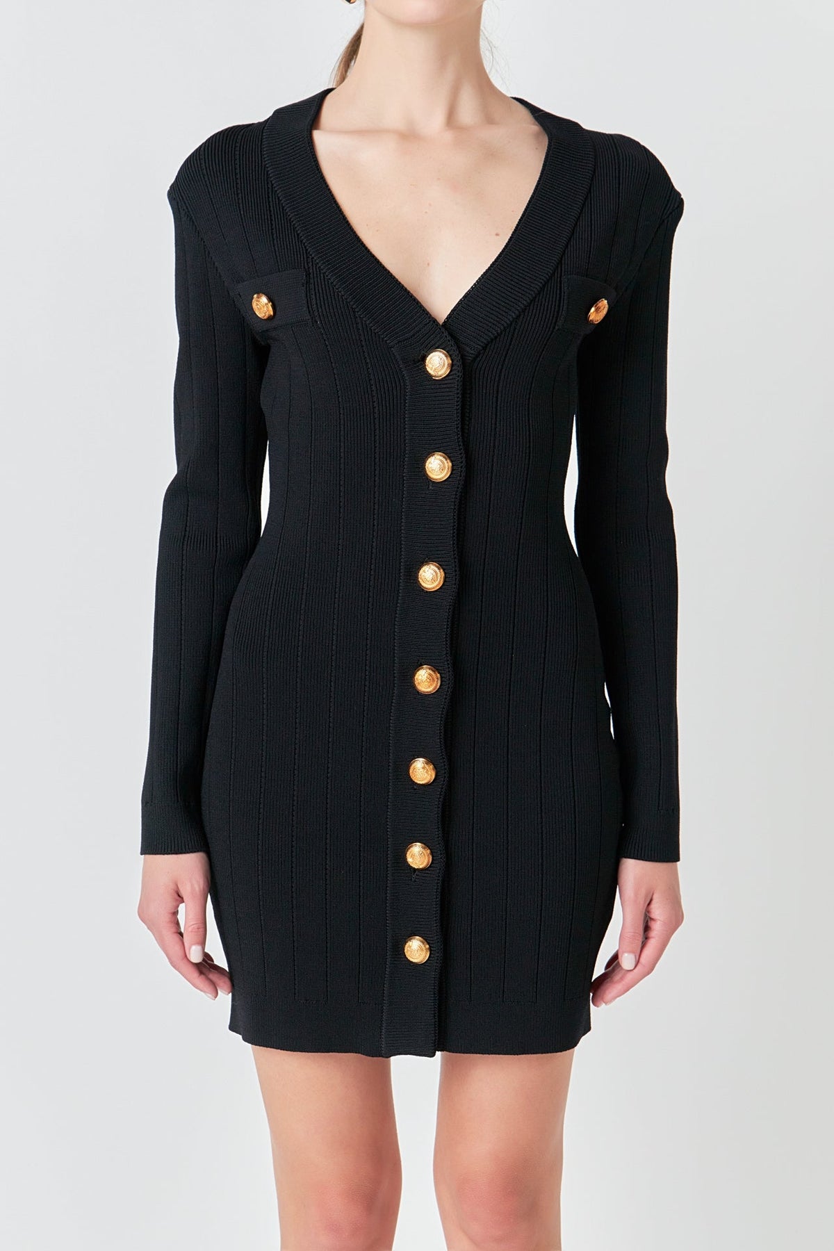 ENDLESS ROSE - Shank Button V-Neckline Knit Mini Dress - DRESSES available at Objectrare