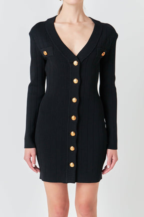 ENDLESS ROSE - Shank Button V-Neckline Knit Mini Dress - DRESSES available at Objectrare