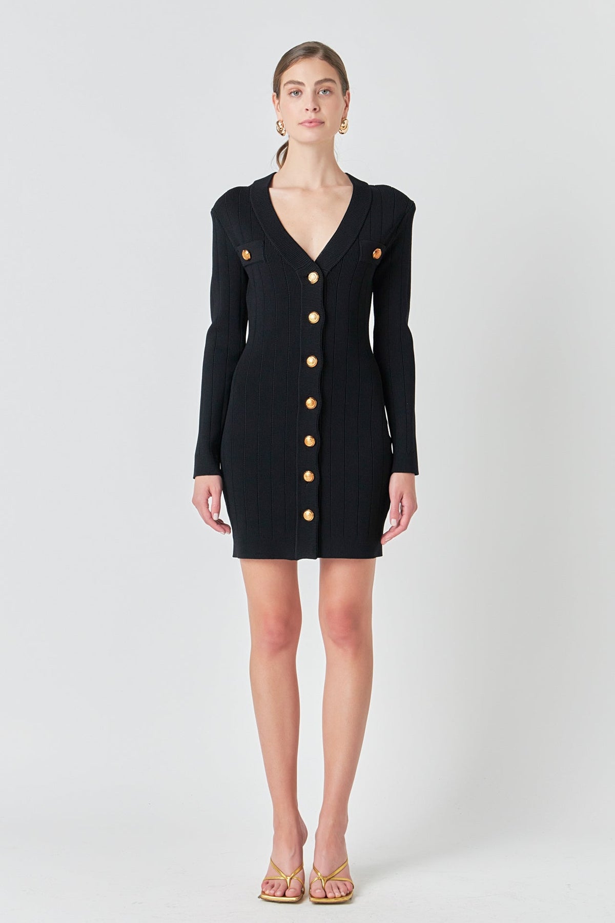 ENDLESS ROSE - Shank Button V-Neckline Knit Mini Dress - DRESSES available at Objectrare