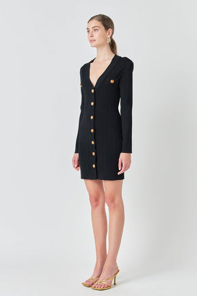 ENDLESS ROSE - Shank Button V-Neckline Knit Mini Dress - DRESSES available at Objectrare