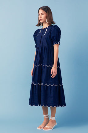 ENGLISH FACTORY - Navy Scalloped Edge Midi Dress - DRESSES available at Objectrare